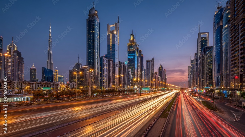 Fototapeta premium Majestic skyline of a modern city during twilight showcasing vibrant lights, bustling traffic, and iconic architecture reflecting rapid urban development