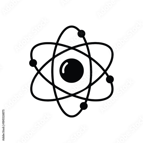 A simple black and white illustration of an atomic structure with orbiting electrons