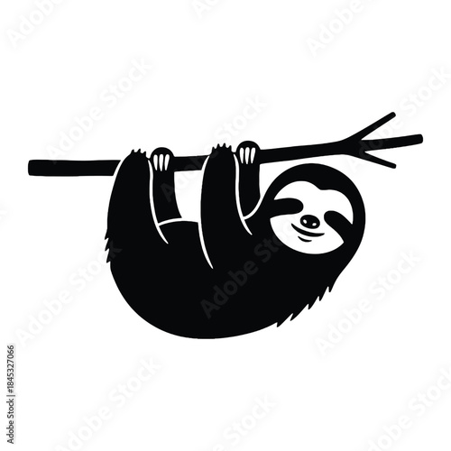 A black and white illustration of a sloth hanging from a branch