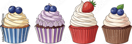 Colorful Cupcake Illustrations with Blueberries and Strawberry Toppings – Decorative Dessert Clipart for Culinary, Bakery, and Food Design