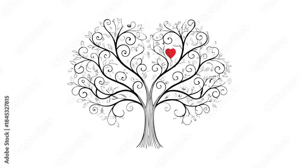 Fototapeta premium A whimsical single line drawing of a heart tree with a smooth curved trunk and intricate branches