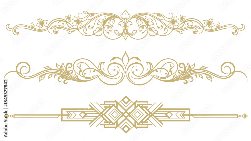 Fototapeta premium Elegant ornamental vector elements with golden floral, calligraphic, and Art Deco text dividers