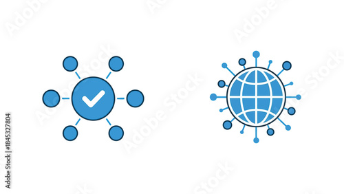 Vibrant vector illustration of interconnected checkmarks and globes in blue and orange hues symbolizing global connection and verification