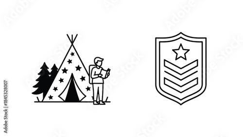 Military rank insignia and camping icons in black and white line art with stars and tents
