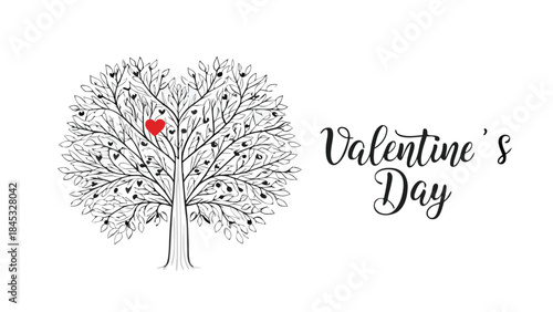 Valentine's day heart shaped tree with minimalist trunk and branches illustration