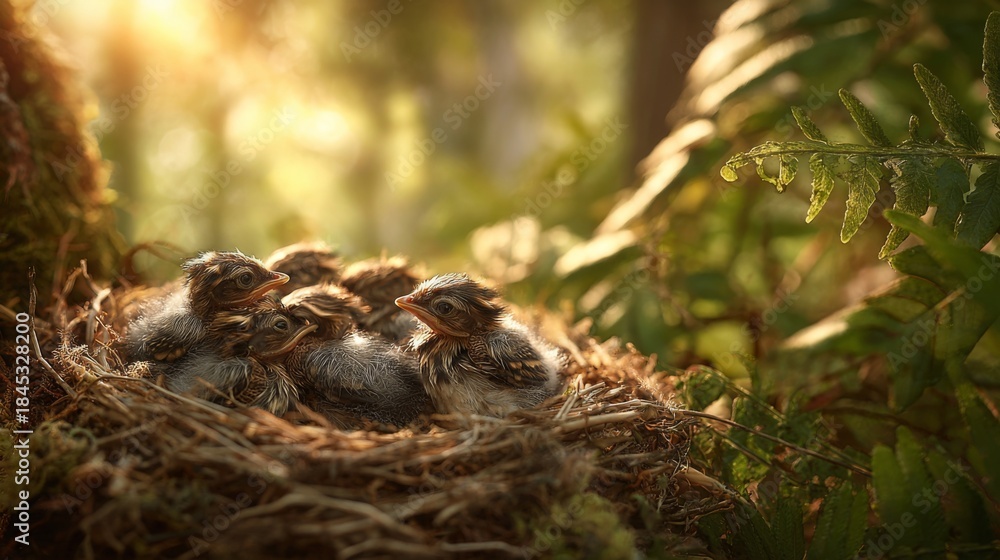 Obraz premium Nest of Newly Hatched Birds Surrounded by Lush Greenery at Sunrise, Captivating Moment in Nature's Cycle of Life, Serene Wild Habitat