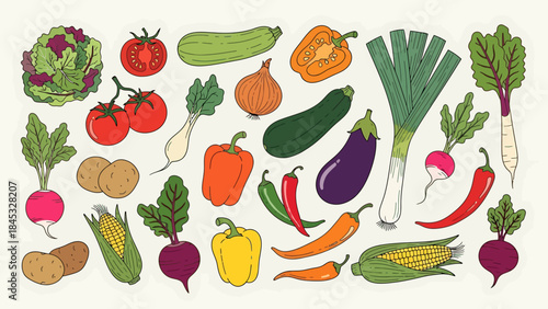 A vibrant collection of fresh, colorful vegetables, including tomatoes, peppers, zucchini, eggplant, potatoes, onions, radishes, and corn, presented in a charming illustration style