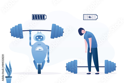 Cyborg with full battery charge, unhappy tired businesswoman with low battery. Robot with artificial intelligence replace burnout worker woman. Employee not can lift heavy weight.