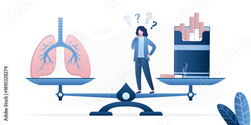 Scales with cigarettes package and healthy lungs, female character make a choice. Smoking addiction. Unhappy woman smoker. Bad habits, tobacco dependence.