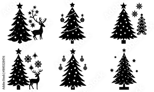 Christmas Tree and Deer Silhouettes with Stars and Decorations on White Background