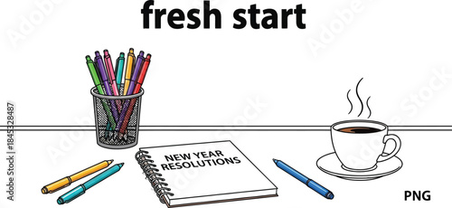New year resolutions notebook with colorful pens and coffee cup