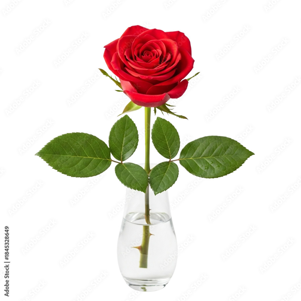 Fototapeta premium A single red rose placed in a clear glass vase on a white background symbolizing love and beauty