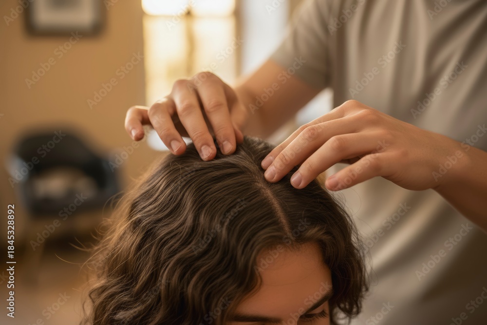 Fototapeta premium A technician gently examines the parting of a person's wavy hair in a warmly lit room, focusing on precision and care while wearing a casual outfit, with furniture in the background