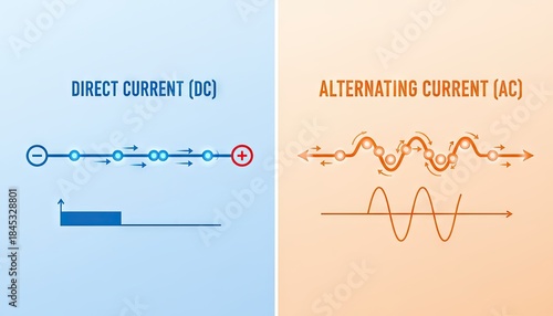 Direct Current DC versus Alternating Current AC electrical flow diagrams with voltage waveforms and particle movement visualizations on blue and orange backgrounds