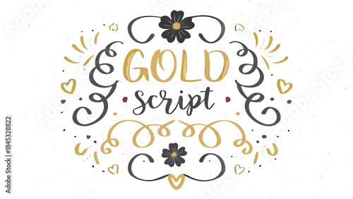 Sophisticated gold script typography with one black flower decoration