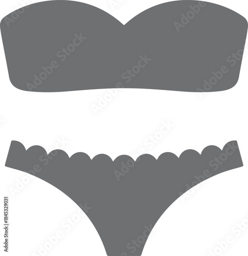 Minimal gray women bikini silhouette vector illustration strapless top and scalloped bottom icon isolated for swimwear design fashion branding templates