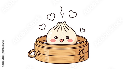 Cute steamed bun in bamboo steamer with heart symbols