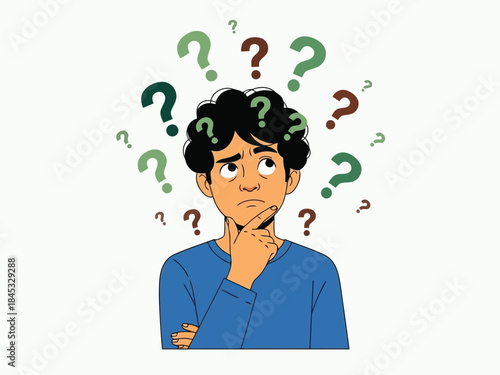 Vector illustration of a cartoon man with question marks floating above his head looking confused