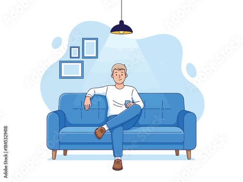 Vector illustration of a man sitting on a blue couch in a living room with a lamp and pictures on the wall