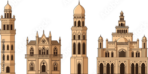 Illustration of diverse architectural styles including minaret, Gothic cathedral, Mughal tower, and Indo-Islamic palace for cultural design use