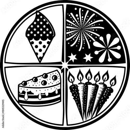 A collection of celebratory icons is presented in a monochromatic, high-contrast, black and white illustration. The image is divided into four quadrants, each featuring a distinct party-themed element