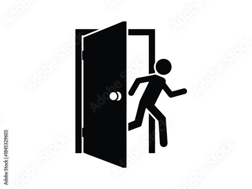 Vector illustration of black stick figure running out of an open door on for business and concept illustrations