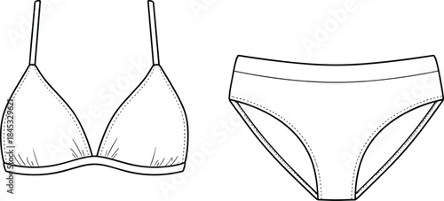 Modern minimalist women’s bikini swimwear vector illustration showing triangle top and classic bottom design for fashion templates, apparel sketches, and beachwear concepts