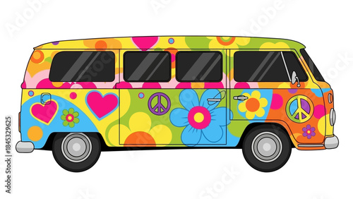 Vibrant psychedelic van with colorful flowers and peace signs