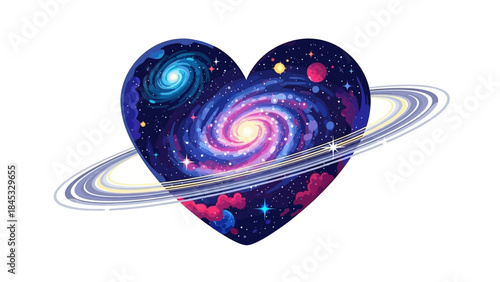 Vibrant heart shaped galaxy with colorful stars and planets orbiting