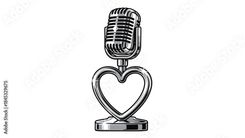 Vintage microphone with heart shaped stand on white background