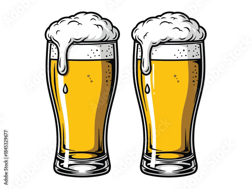 Vector illustration of two glasses of beer with foam on top