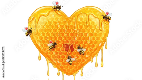 Heart shaped honeycomb with bees and dripping honey on white