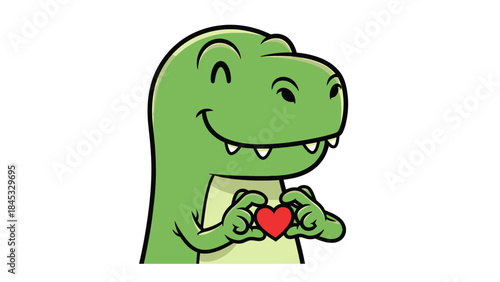 Cute green dinosaur holding red heart with love