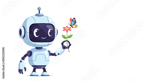 Cute robot holding pink flower with colorful butterfly nearby