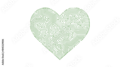 Green circuit board heart symbolizing tech love and innovation