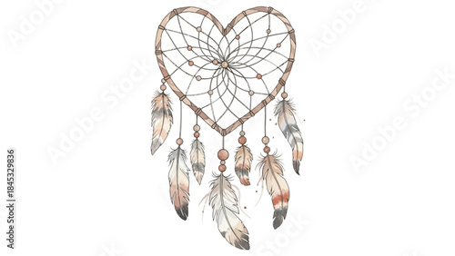 Heart shaped dreamcatcher with feathers and beads on white background