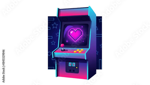Retro arcade machine with pink heart on screen in neon colors