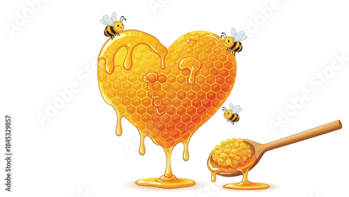 Honey heart with bees and honeycomb spoon sweet treat