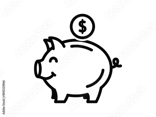 Vector illustration of black line drawing of a smiling piggy bank with a coin on a