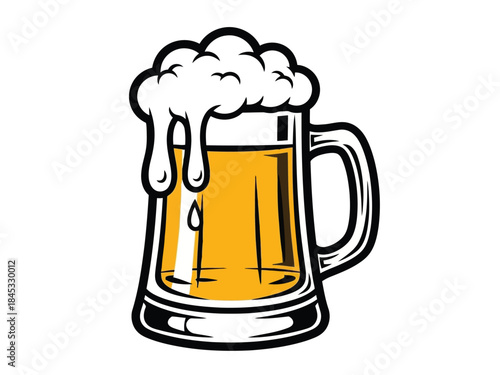 Vector illustration of foamy beer mug with golden liquid and handle on side