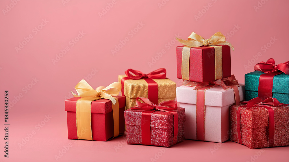 Obraz premium Christmas gifts with uniform background, holiday present display, festive package arrangement, seasonal gift showcase, solid color backdrop, celebratory presentation, with copy spa
