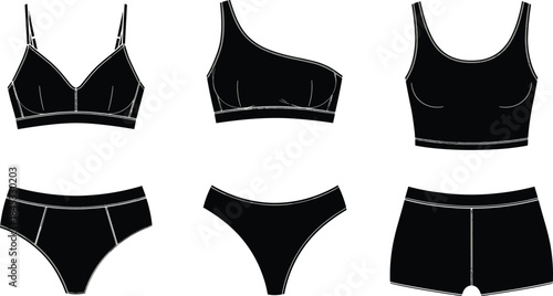 Modern women’s lingerie and underwear vector illustration featuring various bra and panty styles with clean outlines, fashion flat sketches, and minimal design.