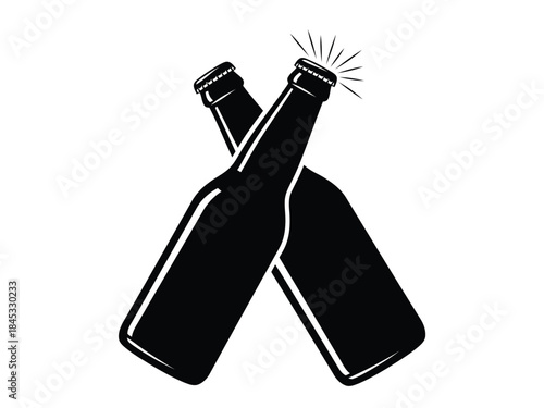 Vector illustration of two black beer bottles clinking together in a celebratory gesture on