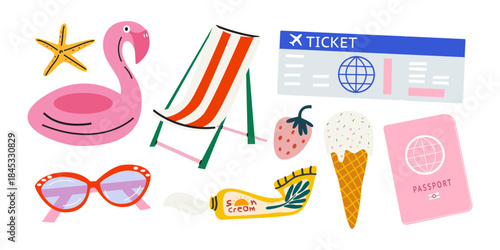 Simple cartoon summer elements in retro style. Summer vacation, beach season. Bright groovy summer icons and shapes for patches, labels, stamps. Vector illustration