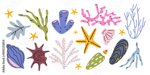 Tropical underwater flora and fauna cartoon stickers in doodle style. Coral, under sea plants, seaweed, shells. Bright groovy summer elements and shapes. Ocean life vector illustration