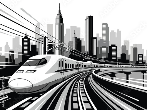 Vector illustration of a white bullet train traveling on tracks in a city with skyscrapers