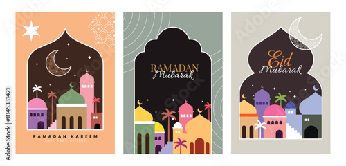 Set of three vertical vector greeting cards for Ramadan Kareem and Eid Mubarak. Features mosque arch frames enclosing colorful, stylized Islamic cityscapes, crescent moons, stars, and palm trees.
