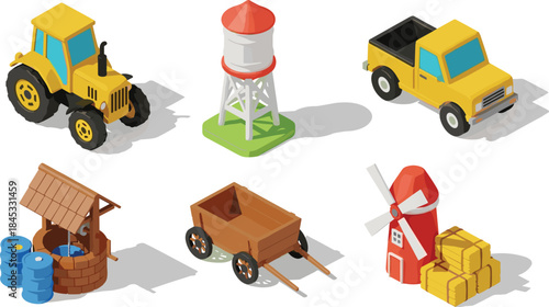 Isometric cartoon farm object set featuring tractor, truck, windmill, well, and water tower, ideal for agriculture and rural design themes.