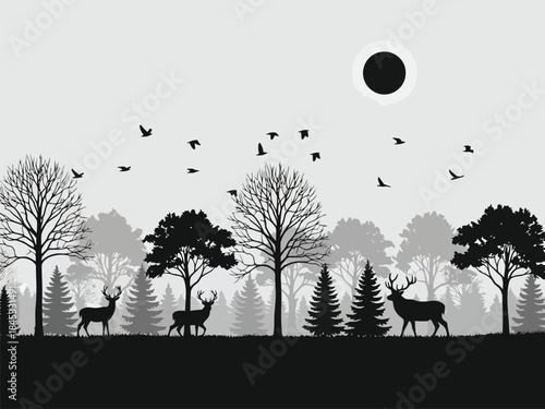 Vector illustration of silhouette of deer and trees during solar eclipse