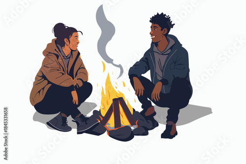 Couple Sitting by a Bonfire at Night isolated
